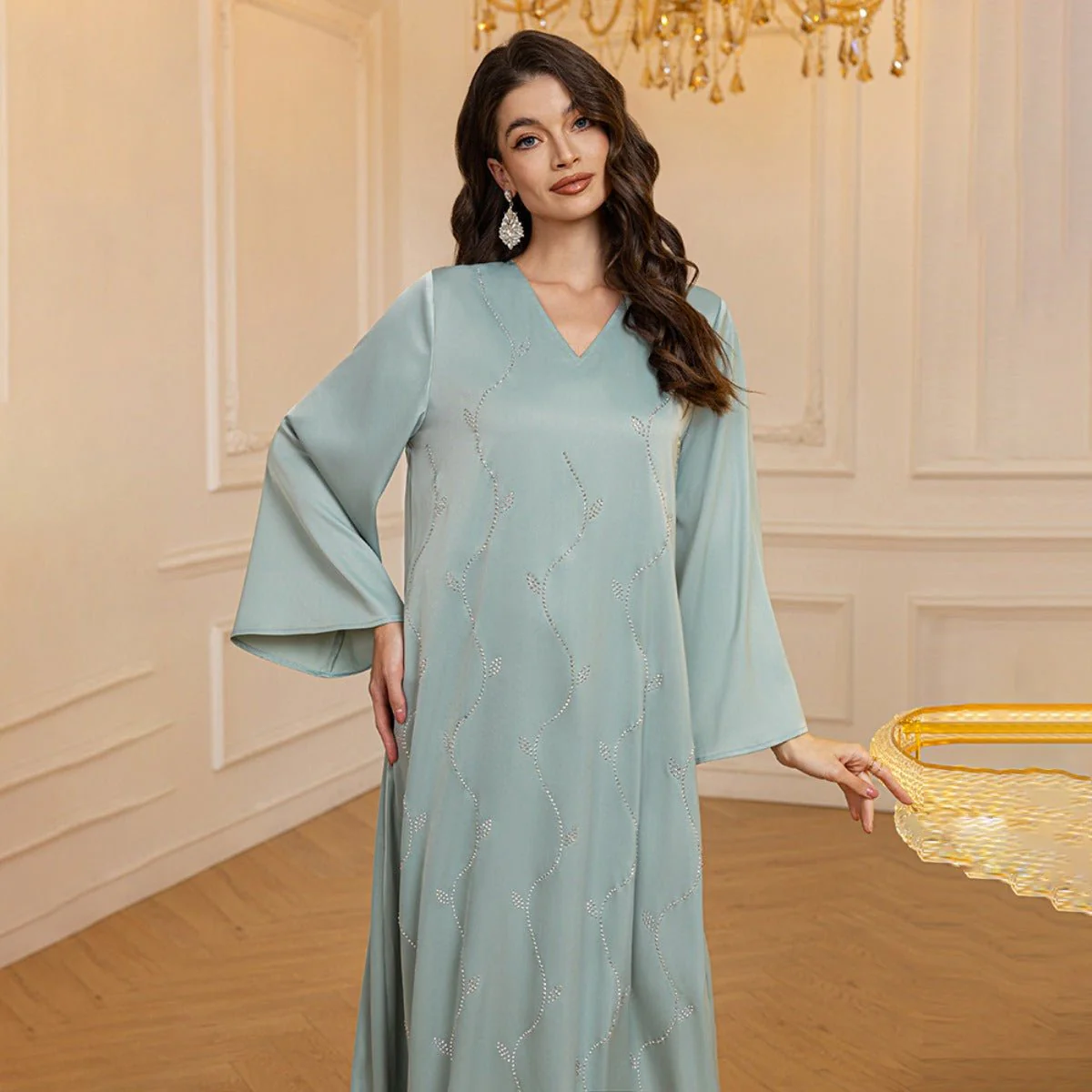 Luxury Textured Satin Diamond Embellished Robe Dress - High-End V-Neck Evening Gown with Flared Sleeves(MA276) - Image 3