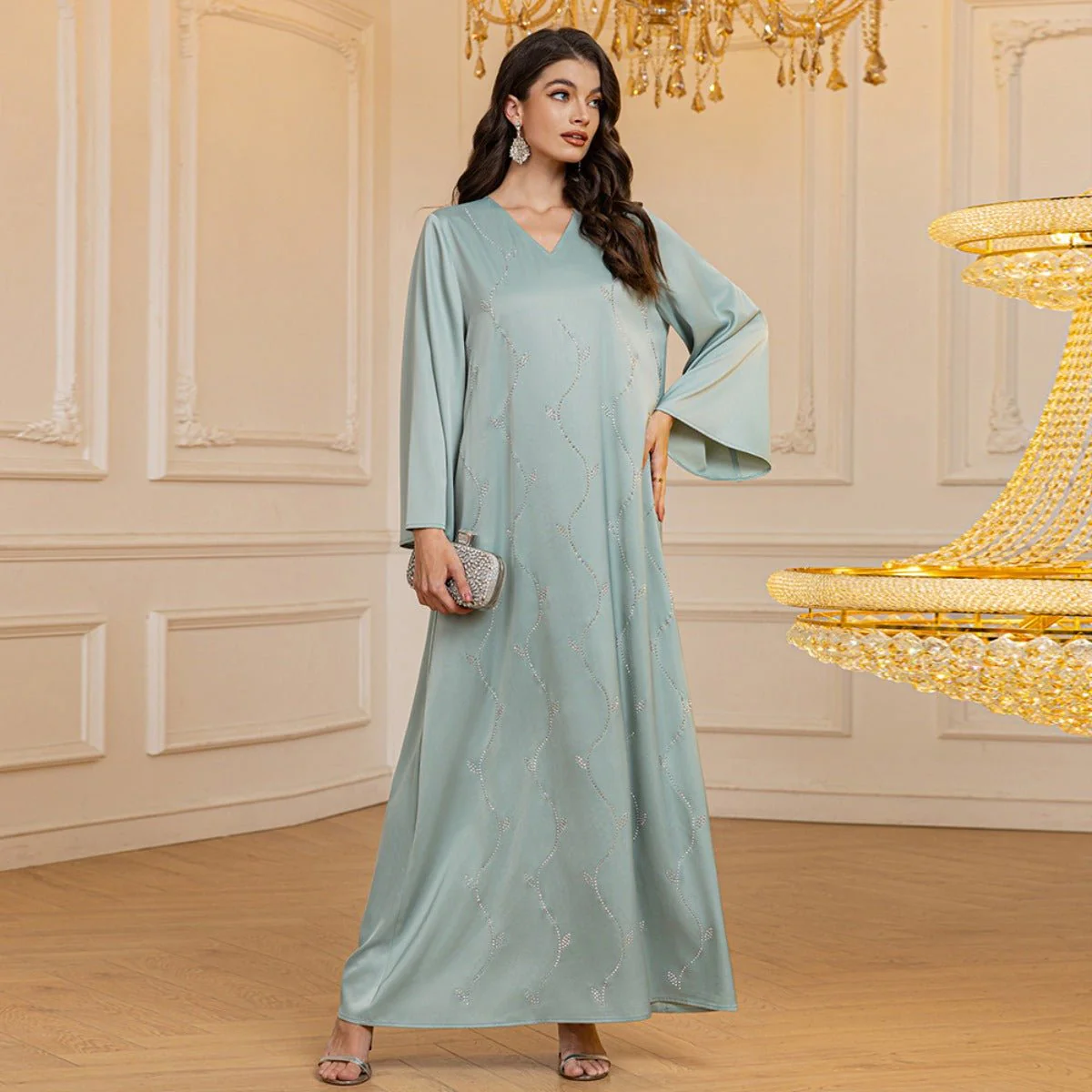 Luxury Textured Satin Diamond Embellished Robe Dress - High-End V-Neck Evening Gown with Flared Sleeves(MA276) - Image 4