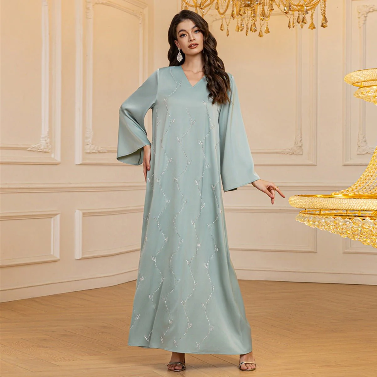Luxury Textured Satin Diamond Embellished Robe Dress - High-End V-Neck Evening Gown with Flared Sleeves(MA276) - Image 5