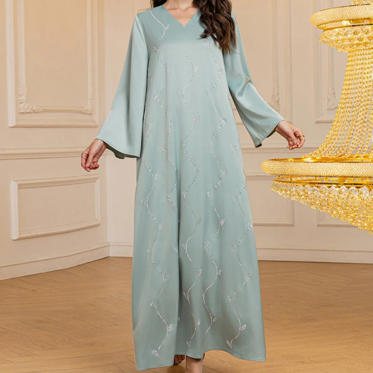 Luxury Textured Satin Diamond Embellished Robe Dress - High-End V-Neck Evening Gown with Flared Sleeves(MA276) - Image 6