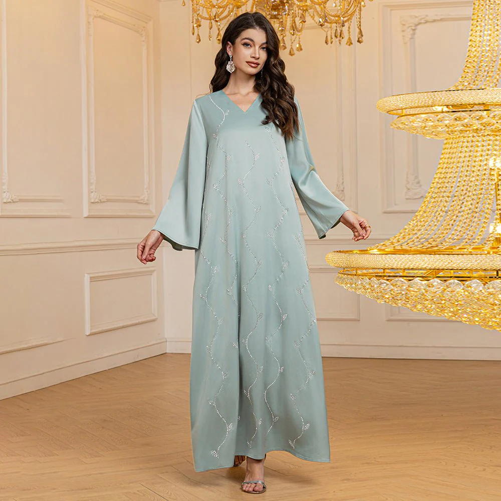 Luxury Textured Satin Diamond Embellished Robe Dress - High-End V-Neck Evening Gown with Flared Sleeves(MA276) - Image 7