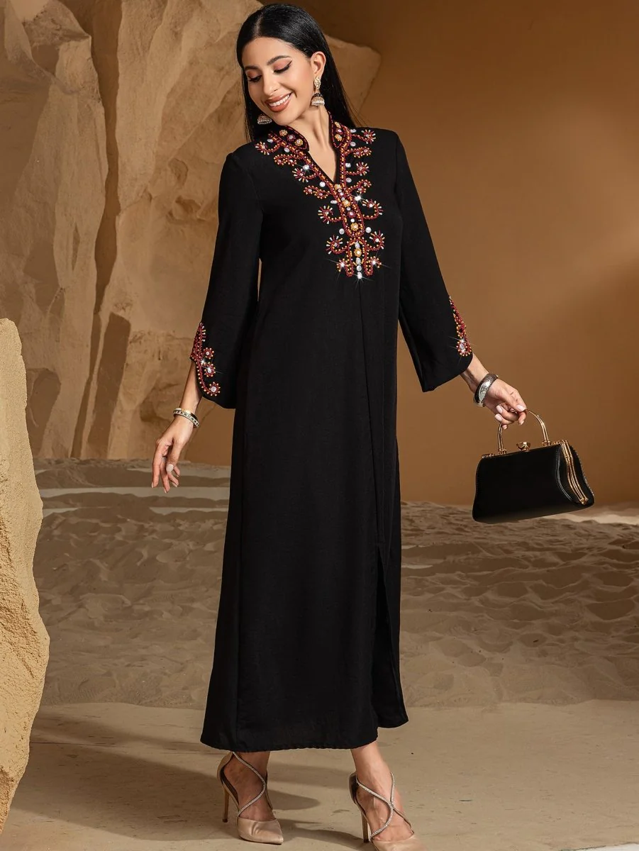 Luxury V-Neck Black & Gold Rice Bead Embroidered  Party & Wedding Abaya (MA187) - Image 10