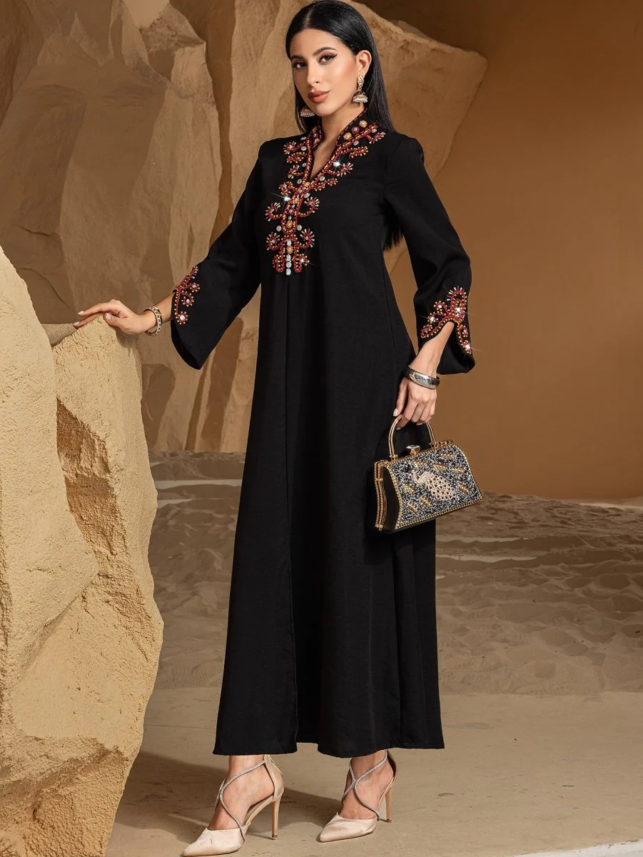 Luxury V-Neck Black & Gold Rice Bead Embroidered  Party & Wedding Abaya (MA187) - Image 11