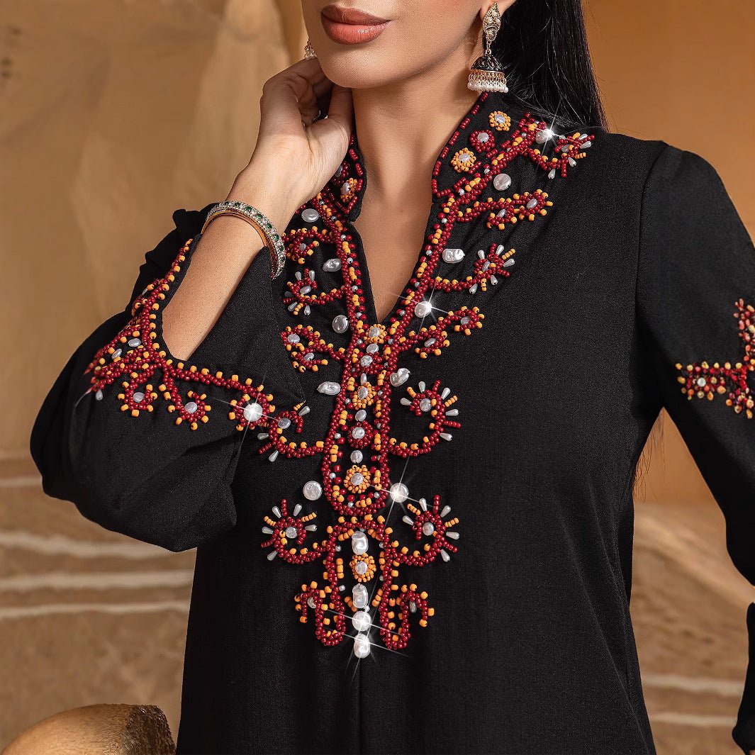 Luxury V-Neck Black & Gold Rice Bead Embroidered  Party & Wedding Abaya (MA187) - Image 3