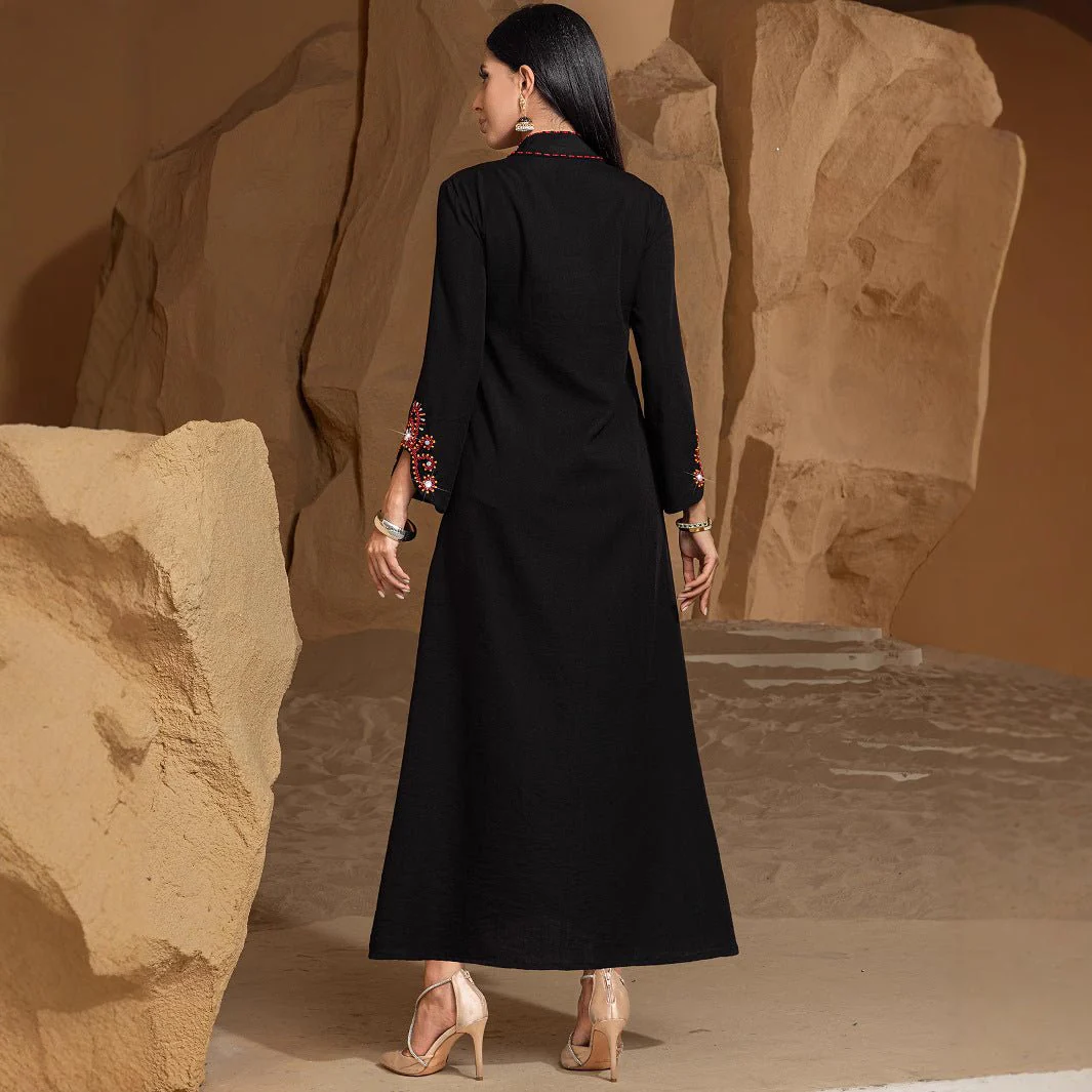 Luxury V-Neck Black & Gold Rice Bead Embroidered  Party & Wedding Abaya (MA187) - Image 4