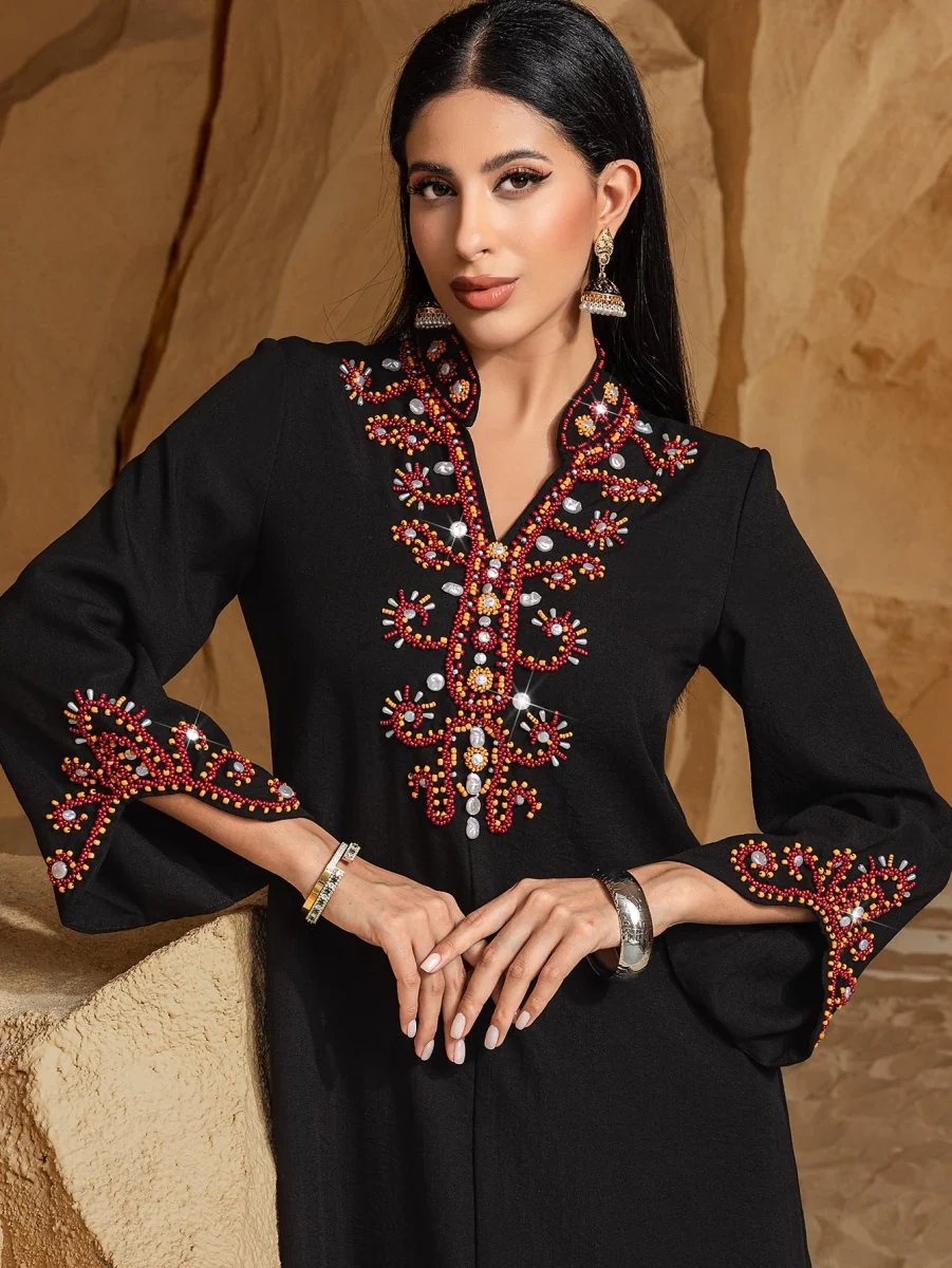 Luxury V-Neck Black & Gold Rice Bead Embroidered  Party & Wedding Abaya (MA187) - Image 5