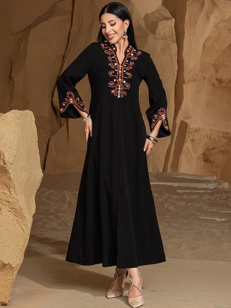 Luxury V-Neck Black & Gold Rice Bead Embroidered  Party & Wedding Abaya (MA187) - Image 6