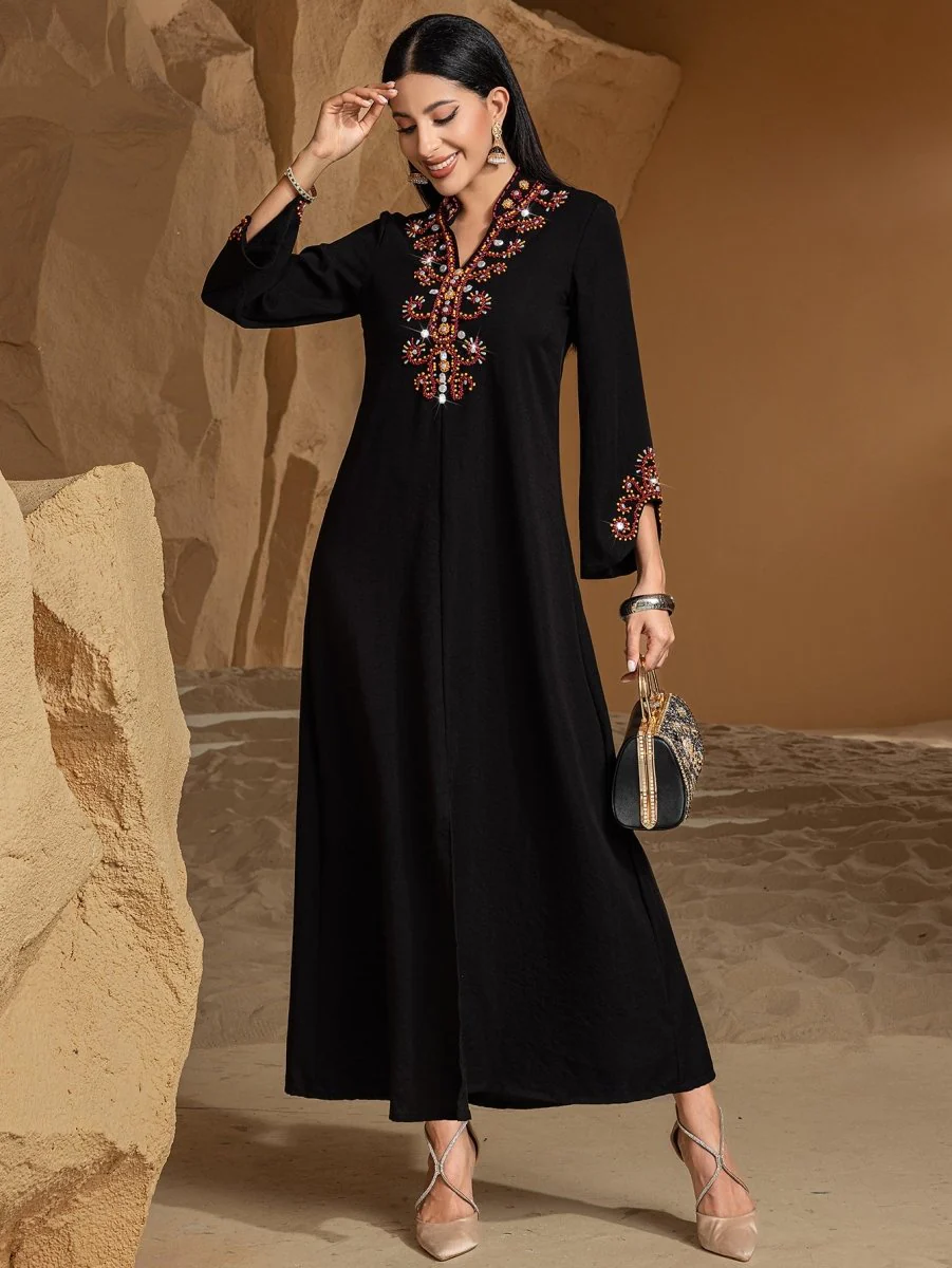 Luxury V-Neck Black & Gold Rice Bead Embroidered  Party & Wedding Abaya (MA187) - Image 7