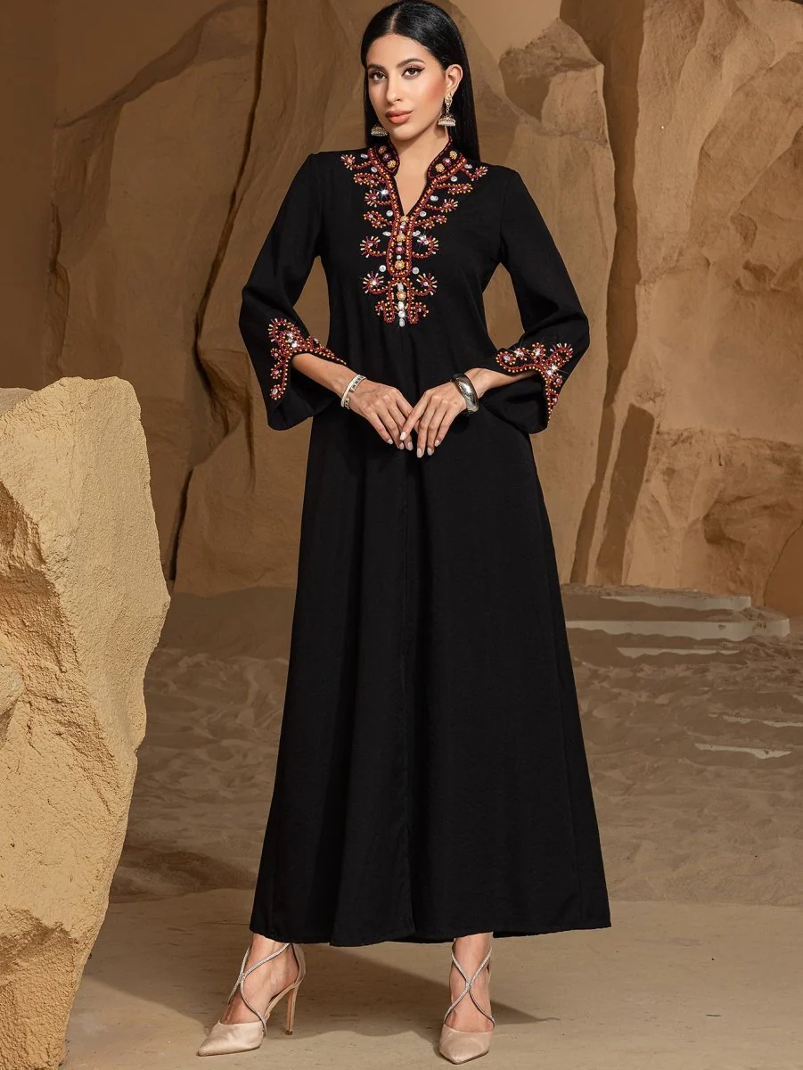 Luxury V-Neck Black & Gold Rice Bead Embroidered  Party & Wedding Abaya (MA187) - Image 8