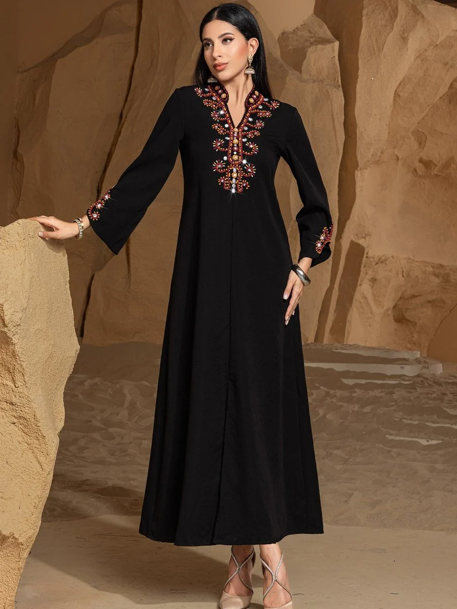 Luxury V-Neck Black & Gold Rice Bead Embroidered  Party & Wedding Abaya (MA187) - Image 9