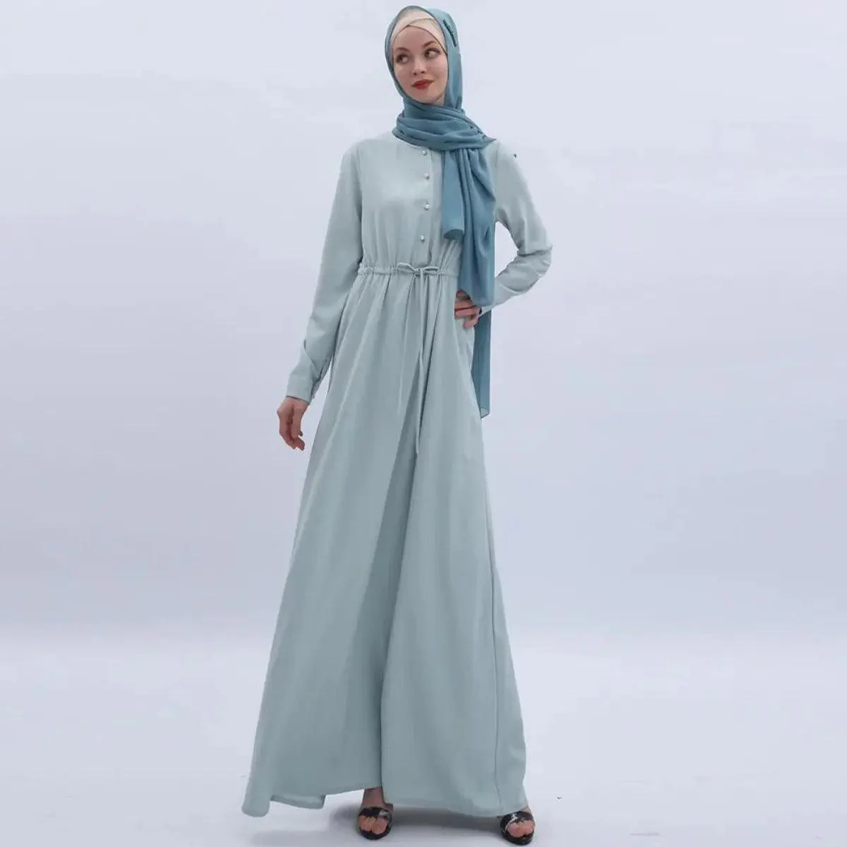 Women's Mint Green Abaya with Pearl Buttons & Pockets - Mariam's Collection