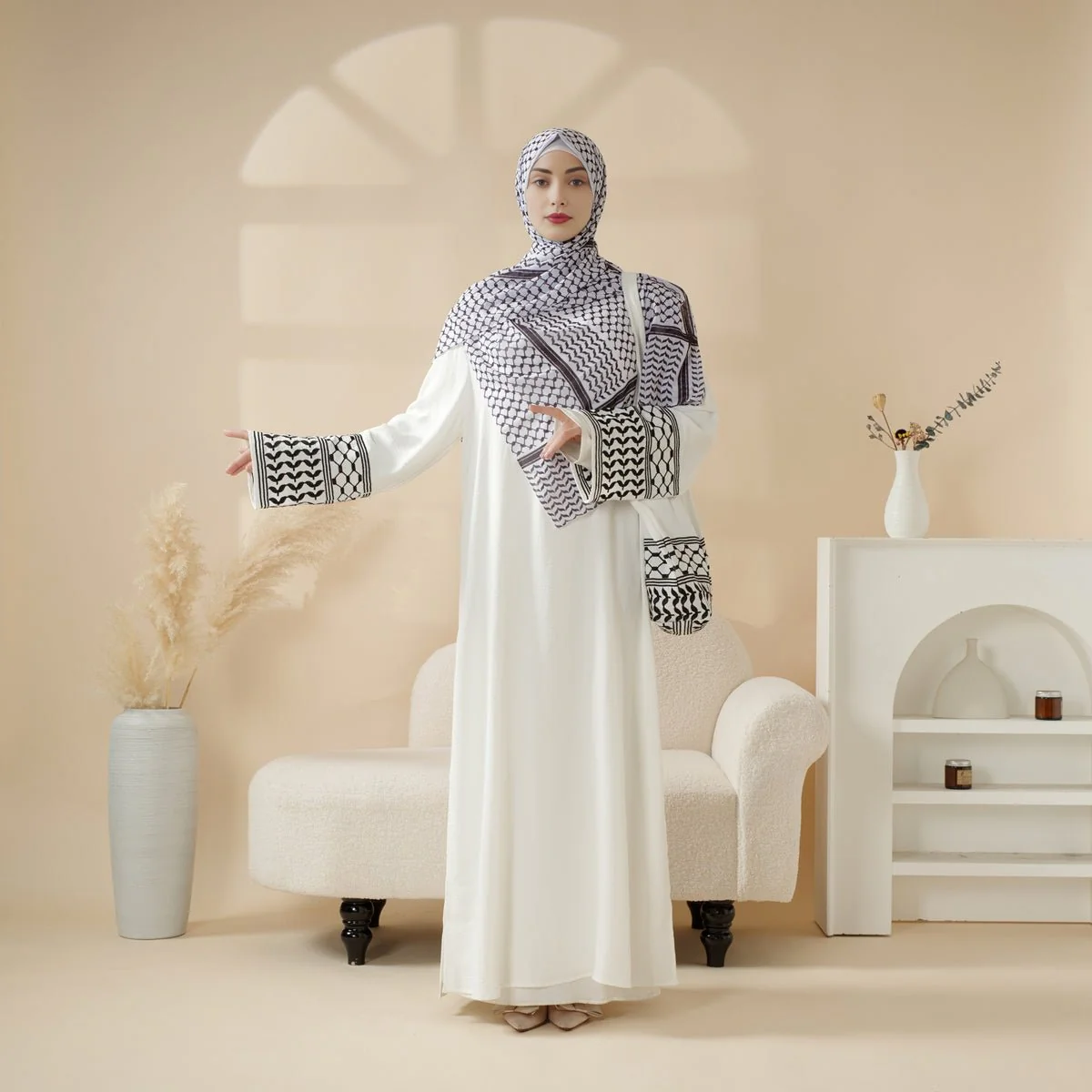 Palestinian Keffiyeh-Inspired Abaya with Matching Crossbody Bag Keffiyeh Abaya (MA131) - Image 5