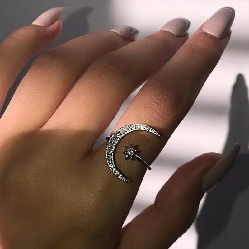 MAC035 Cubic Zirconia Moon and Star Open Band Ring - Image 2