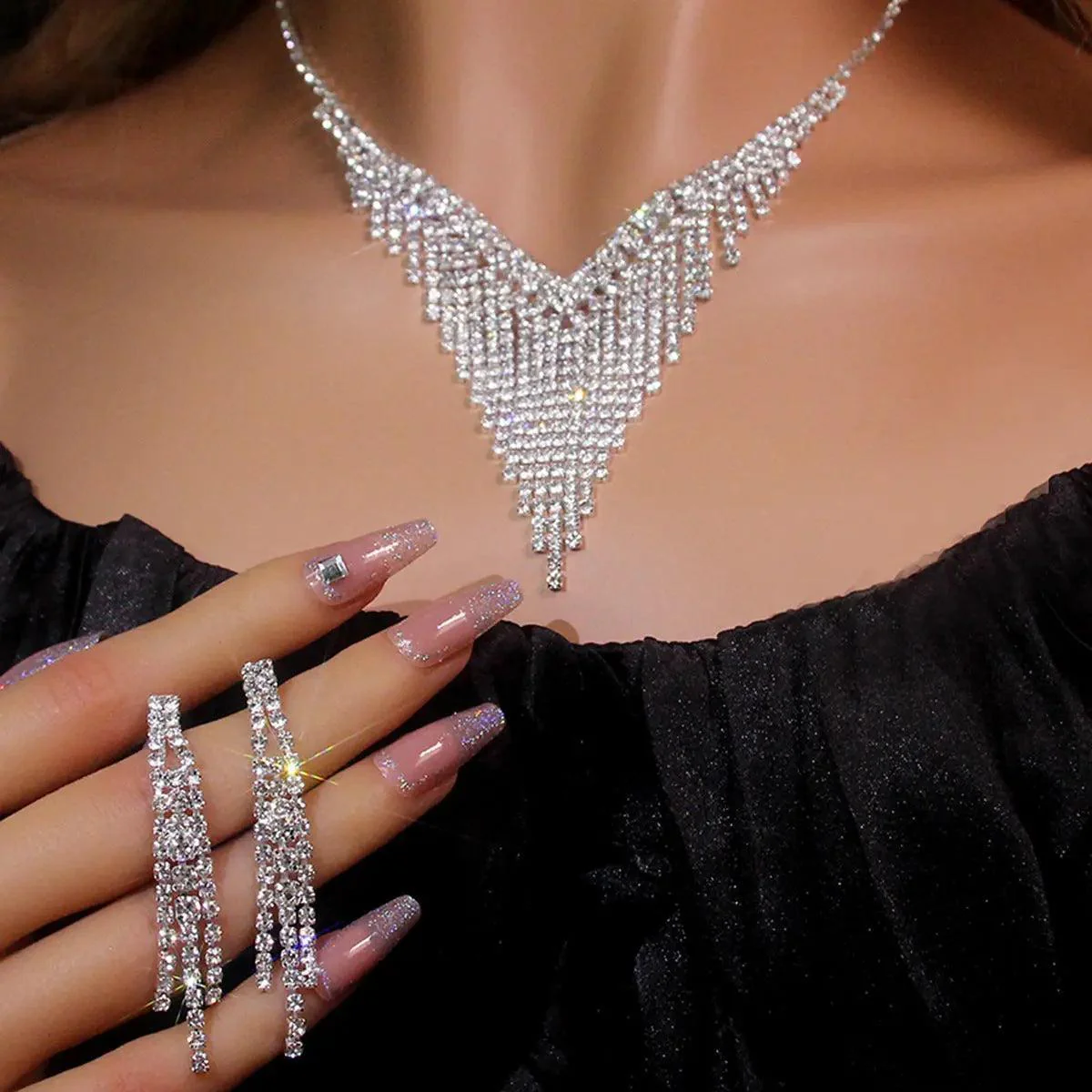 MAC047 Rhinestone Crystal angle Earring Fringe Chain Necklaces Sets - Image 6