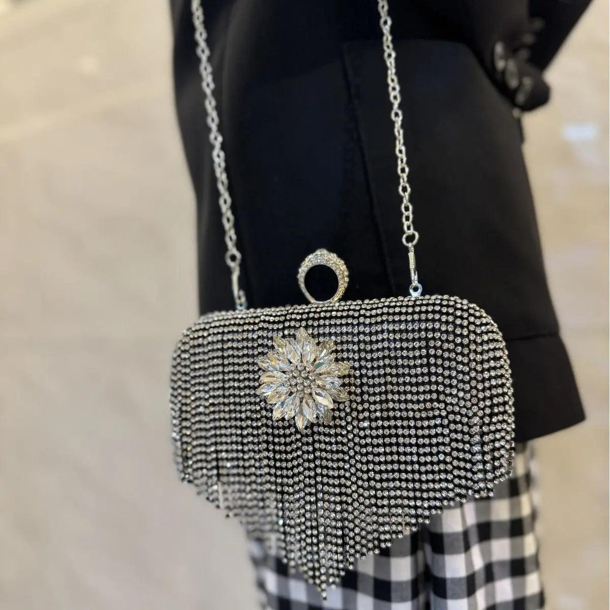 MAC056 Tassel Evening Clutch Bag Luxury Rhinestones Party Prom Purse Handbag With Detachable Chain - Image 3