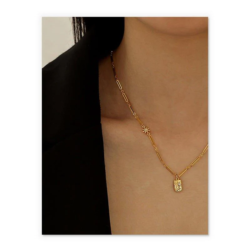 Brass Plated 18K Real Gold Light Luxury Style Zircon Inlaid Square Pendant Necklace(MAC073) - Image 3