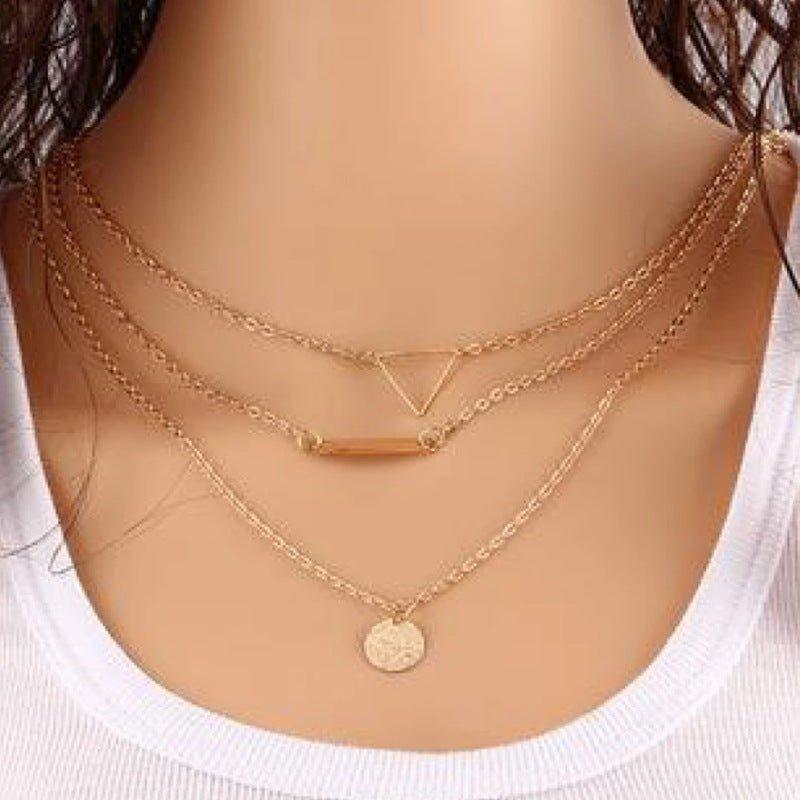 MAC090 Multi-layered Hollow Tiangular Sequin Long Round Pendant Necklace - Image 2