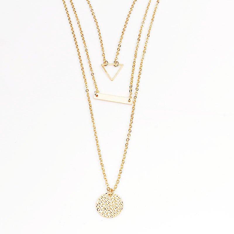 MAC090 Multi-layered Hollow Tiangular Sequin Long Round Pendant Necklace - Image 3
