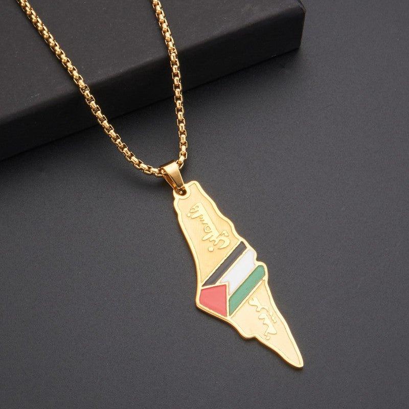 MAC101 Glue Etched Keffiyeh Stainless Steel Palestinian Flag Map Pendant Necklace - Image 2