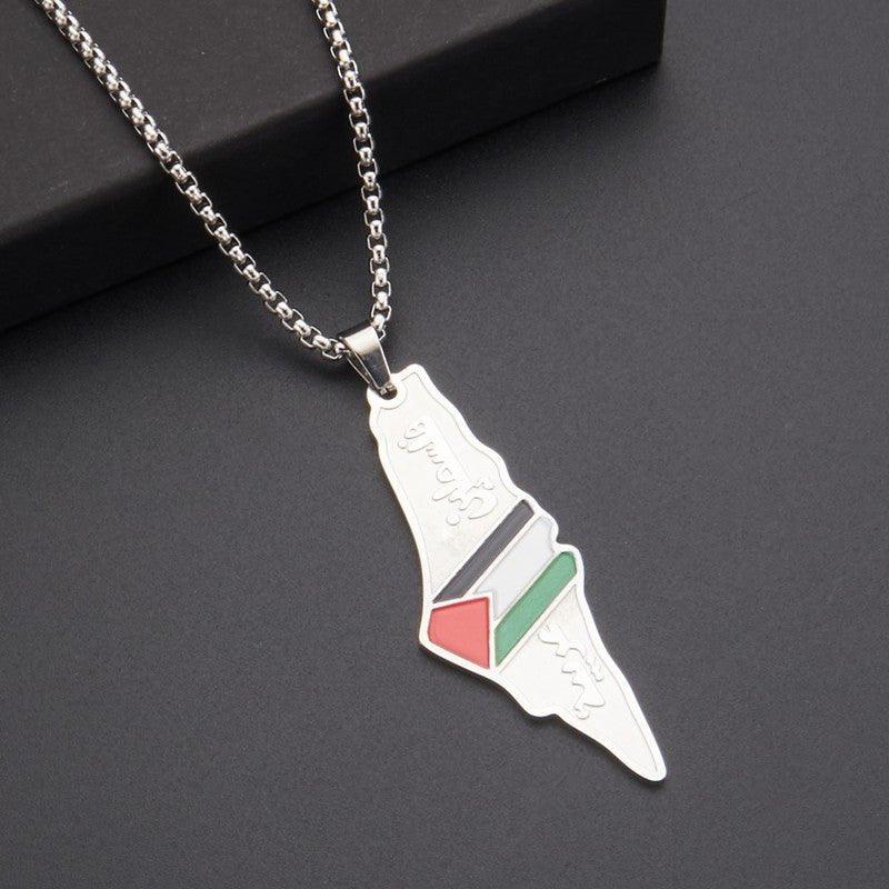MAC101 Glue Etched Keffiyeh Stainless Steel Palestinian Flag Map Pendant Necklace - Image 3