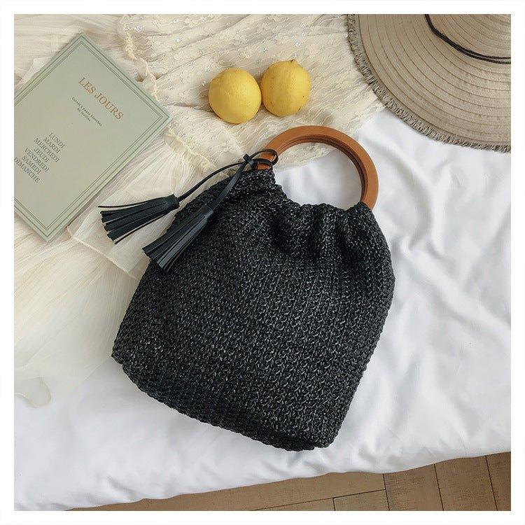 MAC132 Fashionable Straw Simple Beach Tassel Bucket Bag - Image 3