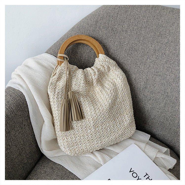 MAC132 Fashionable Straw Simple Beach Tassel Bucket Bag - Image 4