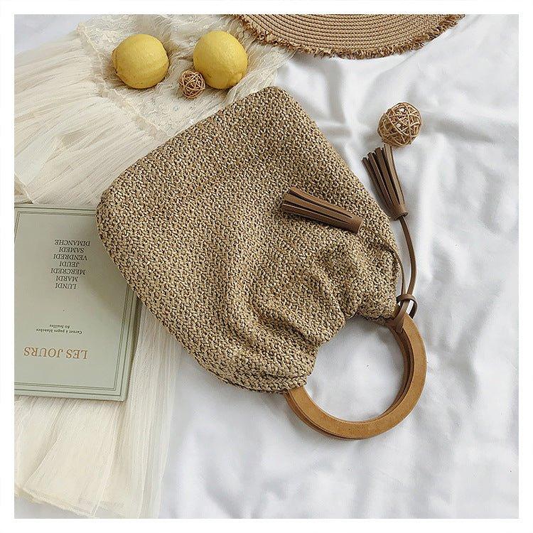 MAC132 Fashionable Straw Simple Beach Tassel Bucket Bag - Image 5