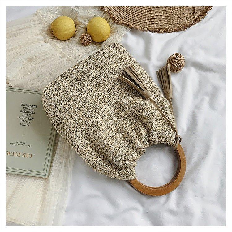 MAC132 Fashionable Straw Simple Beach Tassel Bucket Bag - Image 6