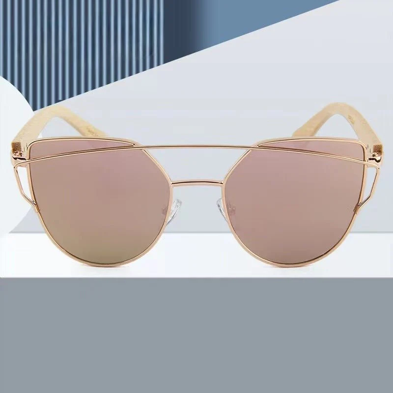 MAC169 Fashionable Cat-eye Metal Frame BamboTemple Sunglasses - Image 2