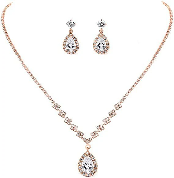 MAC181 Brilliant Full Diamond Zircon Drop Necklace And Earrings - Image 12