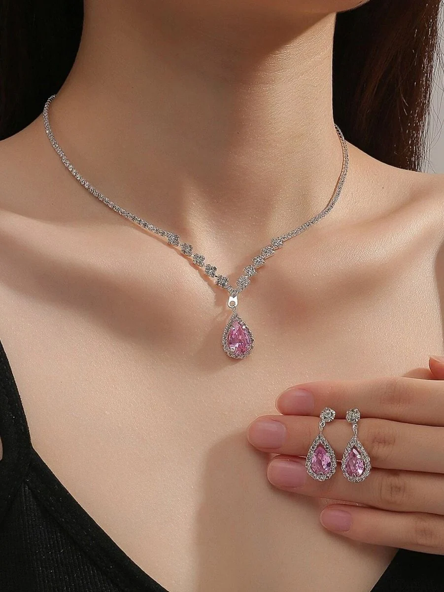 MAC181 Brilliant Full Diamond Zircon Drop Necklace And Earrings - Image 29