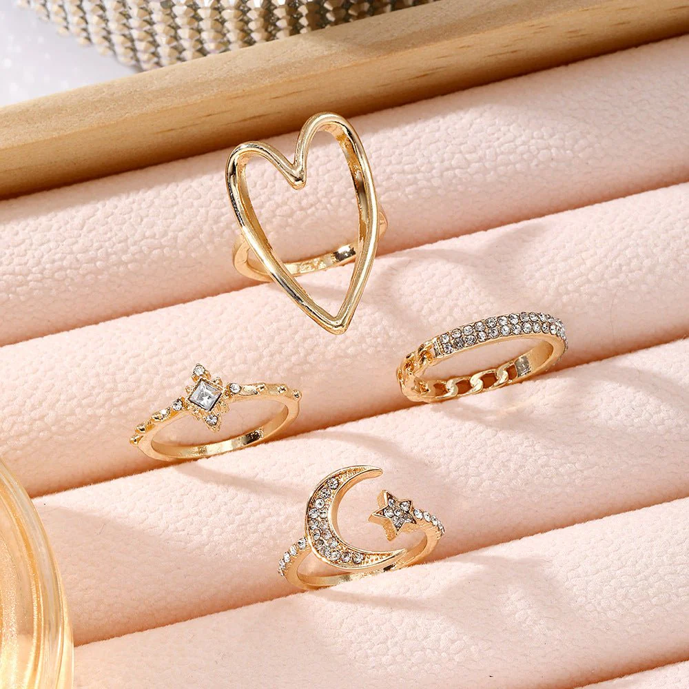 Triangle Love Hollow Full Diamond Star Moon Rring(MAC206) - Image 3