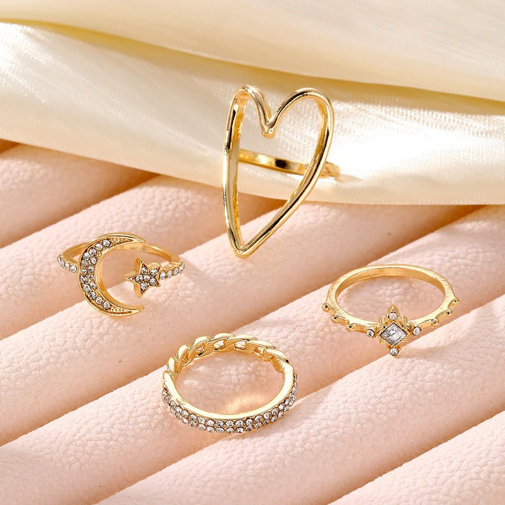 Triangle Love Hollow Full Diamond Star Moon Rring(MAC206) - Image 4