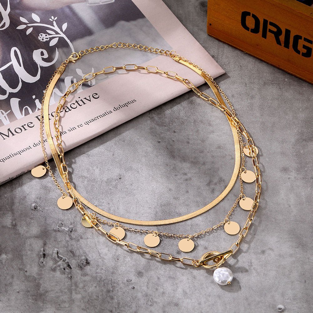 Multi-layer pendant OT lock buckle pearl pendant retro personalized necklace(MAC209) - Image 2