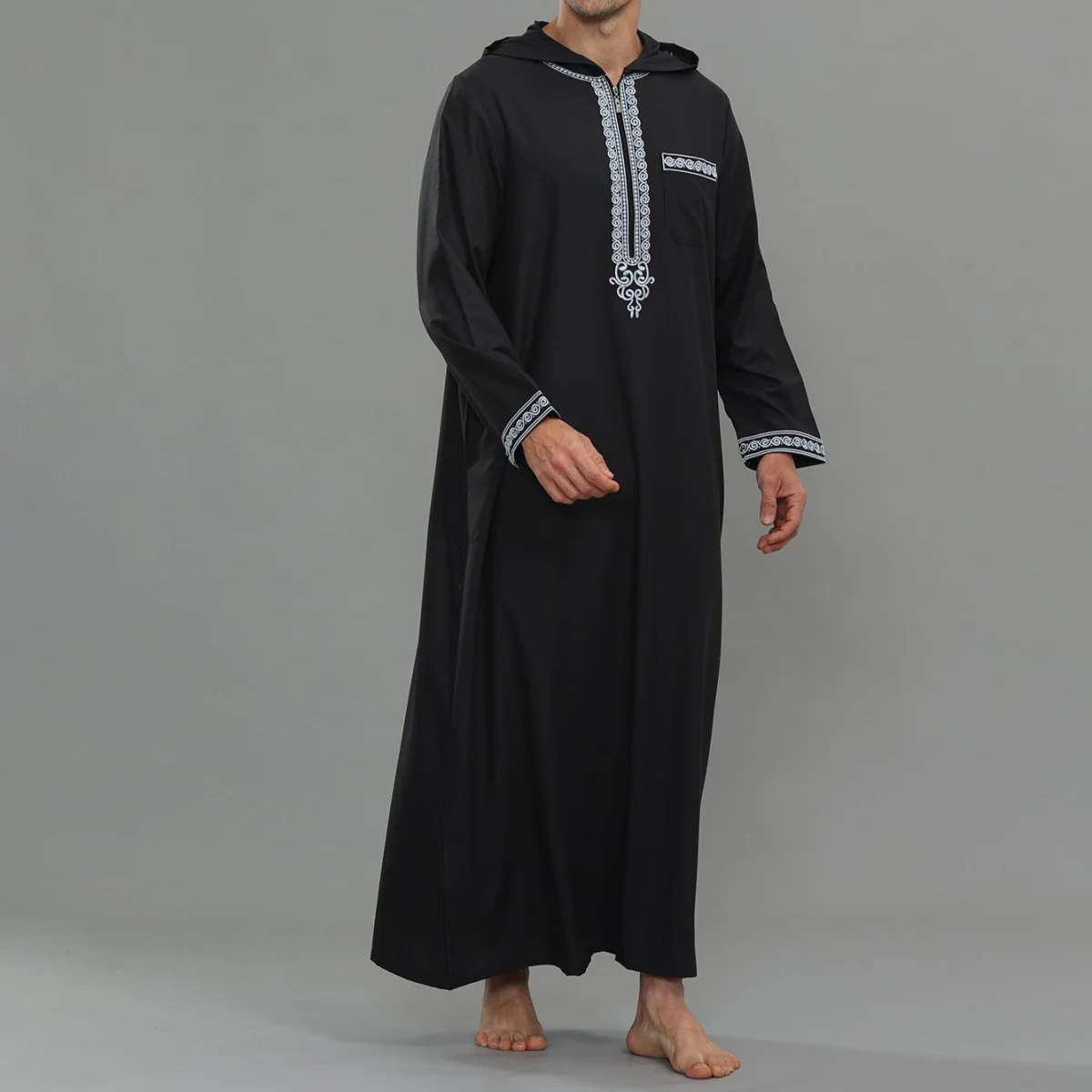 Men's Hooded Embroidered Thobe with Pockets (MT037) - Image 11