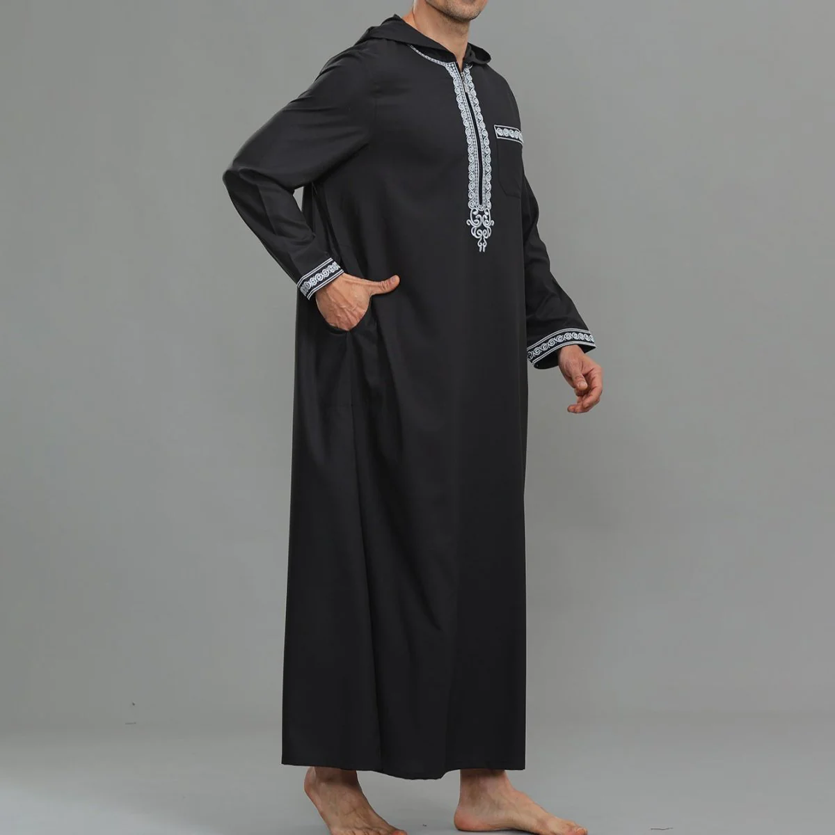 Men's Hooded Embroidered Thobe with Pockets (MT037) - Image 12