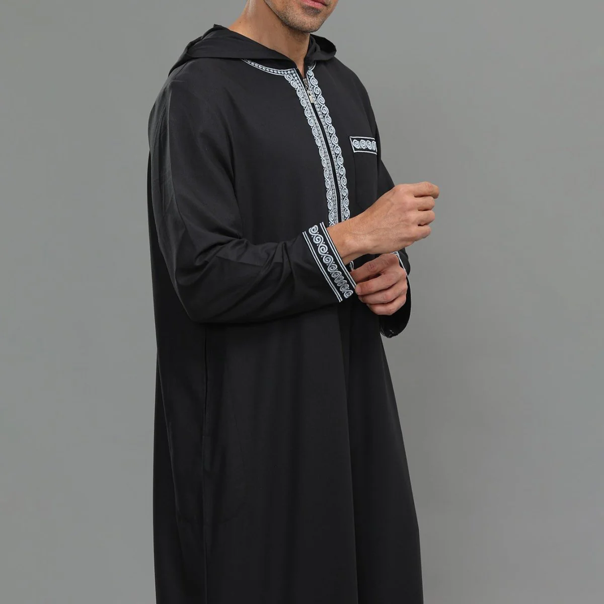 Men's Hooded Embroidered Thobe with Pockets (MT037) - Image 13