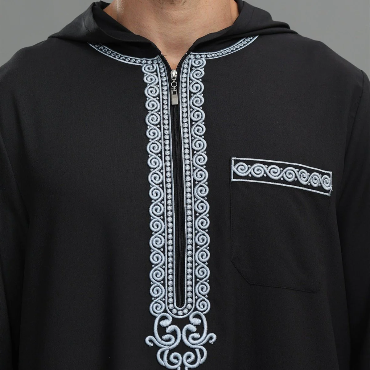 Men's Hooded Embroidered Thobe with Pockets (MT037) - Image 14