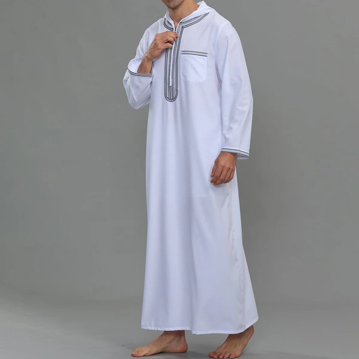 Men's Hooded Embroidered Thobe with Pockets (MT037) - Image 15