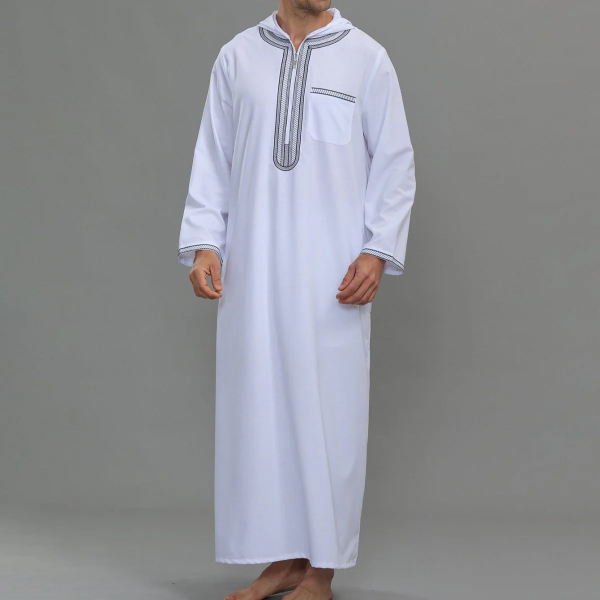 Men's Hooded Embroidered Thobe with Pockets (MT037) - Image 16