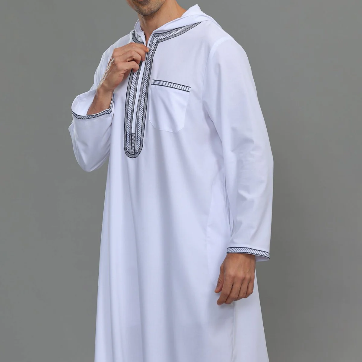 Men's Hooded Embroidered Thobe with Pockets (MT037) - Image 17
