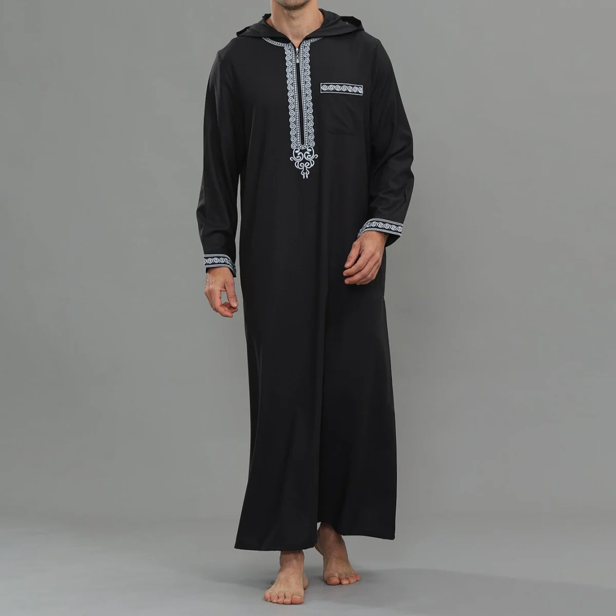 Men's Hooded Embroidered Thobe with Pockets (MT037) - Image 2