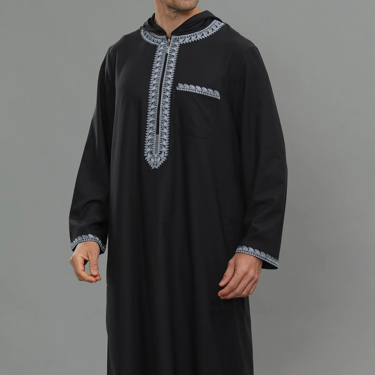 Men's Hooded Embroidered Thobe with Pockets (MT037) - Image 21