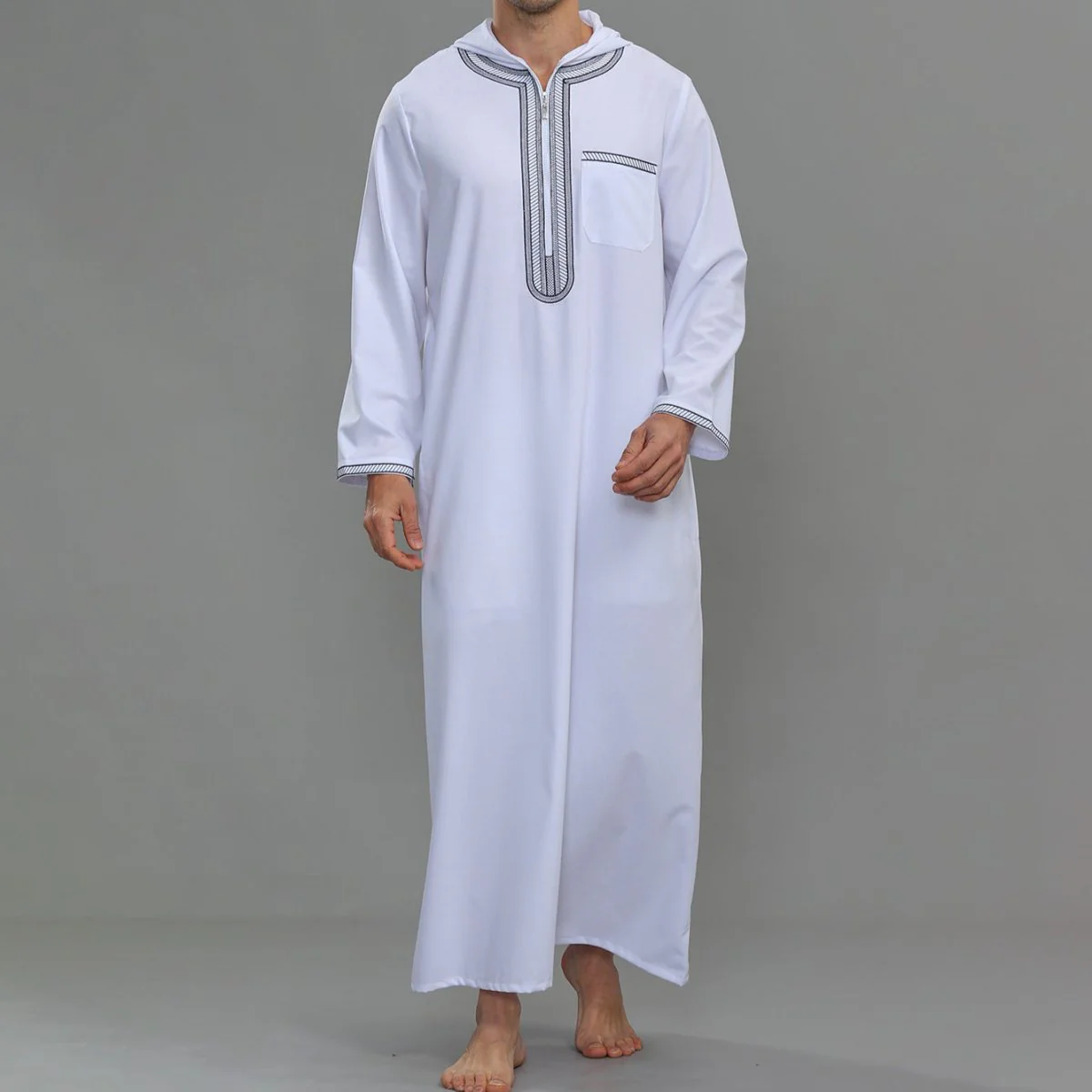 Men's Hooded Embroidered Thobe with Pockets (MT037) - Image 3