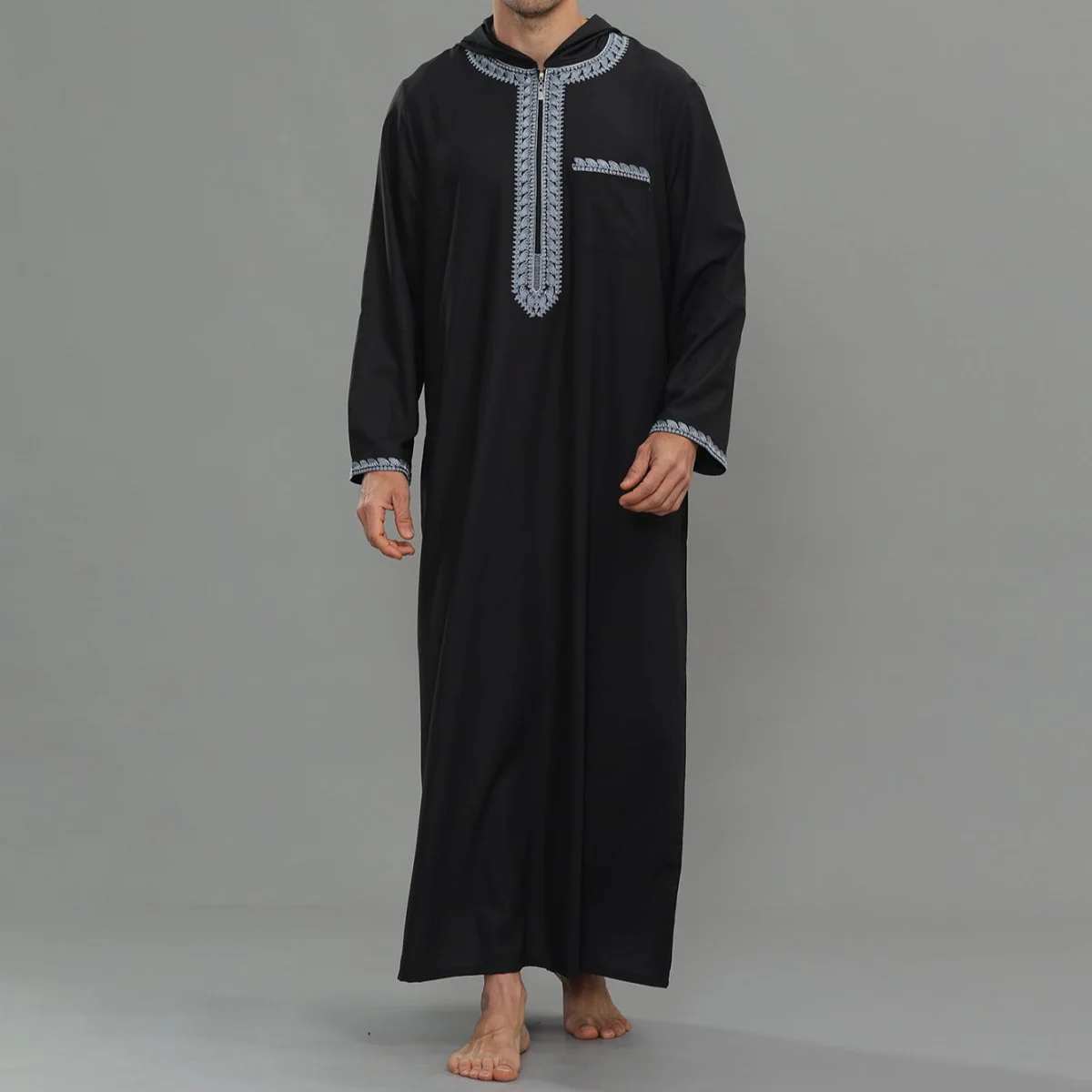 Men's Hooded Embroidered Thobe with Pockets (MT037) - Image 4