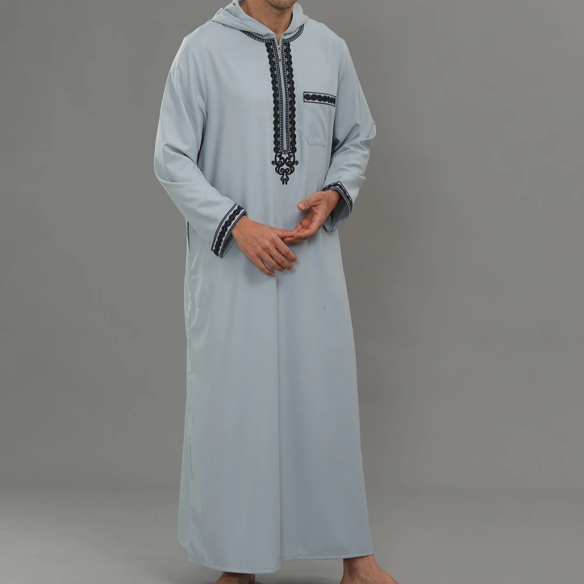 Men's Hooded Embroidered Thobe with Pockets (MT037) - Image 5