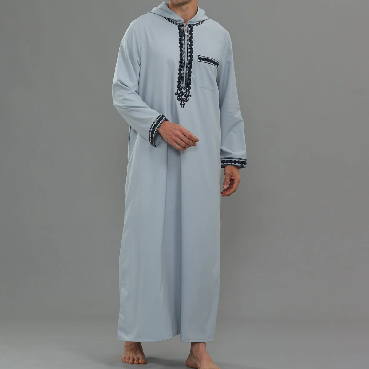 Men's Hooded Embroidered Thobe with Pockets (MT037) - Image 6