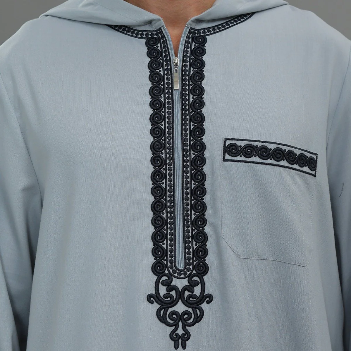Men's Hooded Embroidered Thobe with Pockets (MT037) - Image 8