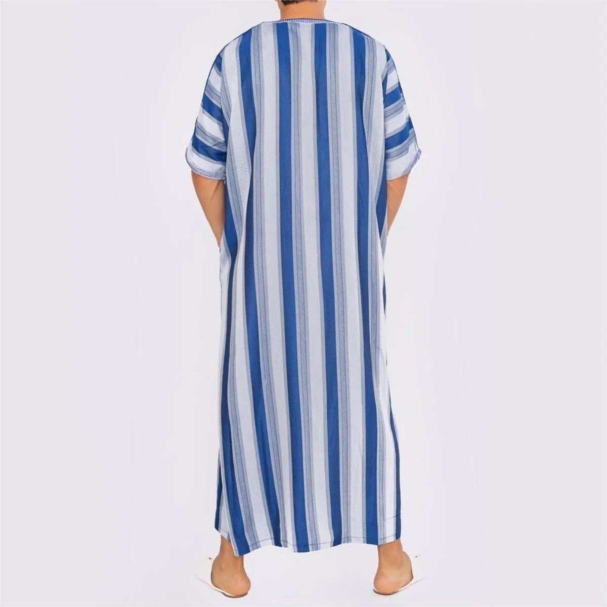 Men's Short Sleeve Breathable Blue & White Striped Thobe Long Robe with V-Neck & Modest Fit (MT031) - Image 2