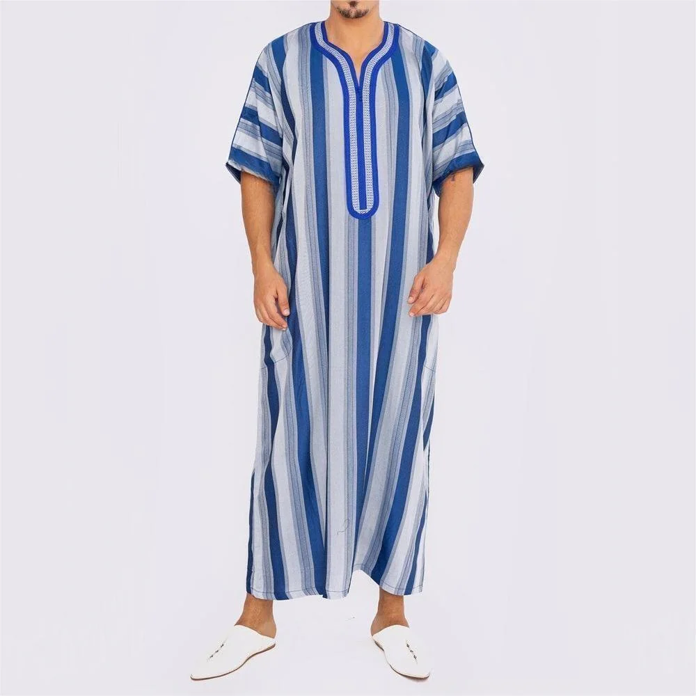 Men's Short Sleeve Breathable Blue & White Striped Thobe Long Robe with V-Neck & Modest Fit (MT031) - Image 3